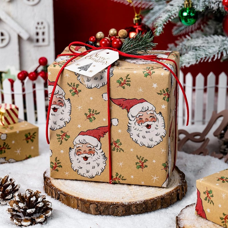 Merture Kraft Christmas Wrapping Paper Roll, Brown Gift Wrap Paper with Cute Happy Santa Claus for Christmas Birthday Festival Party - Mini Roll - 17 In X 32.8 Ft (46.5 sqft) - Image 5